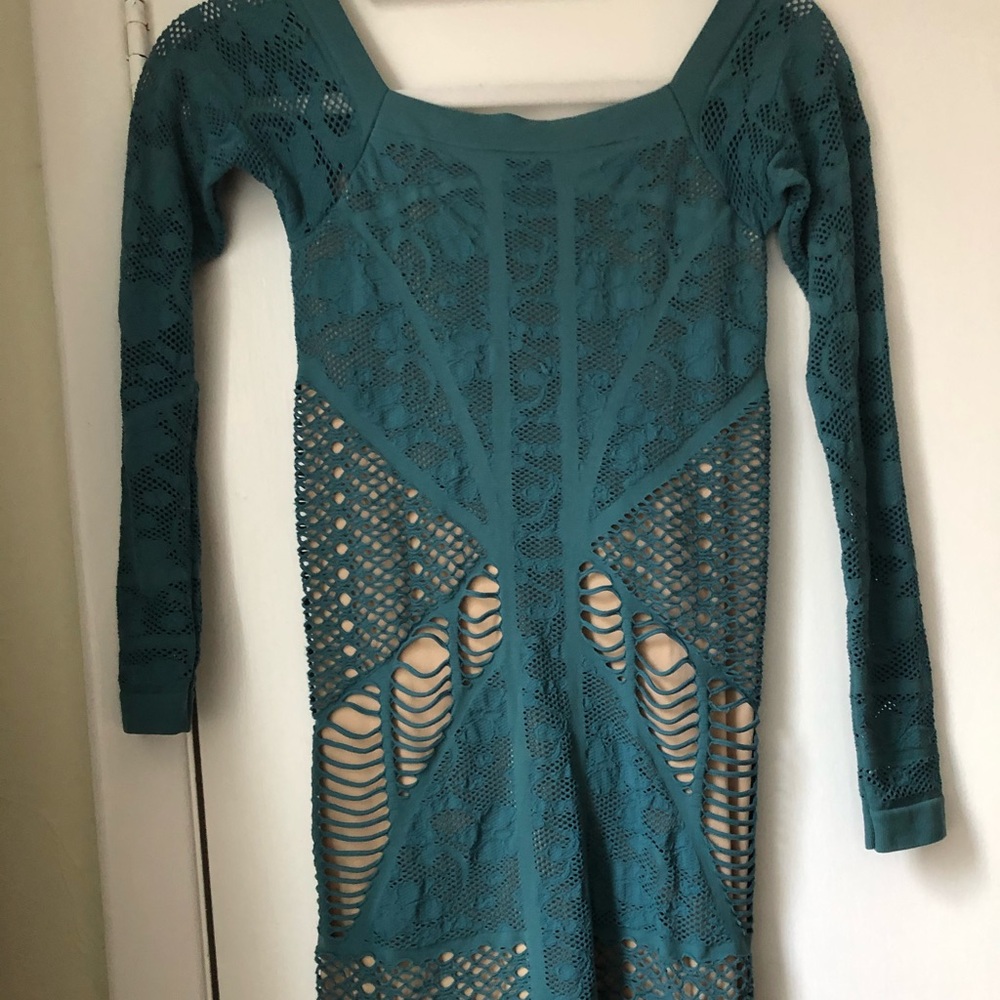 Bebe Teal Blue & Tan Bodycon Long sleeve Dress